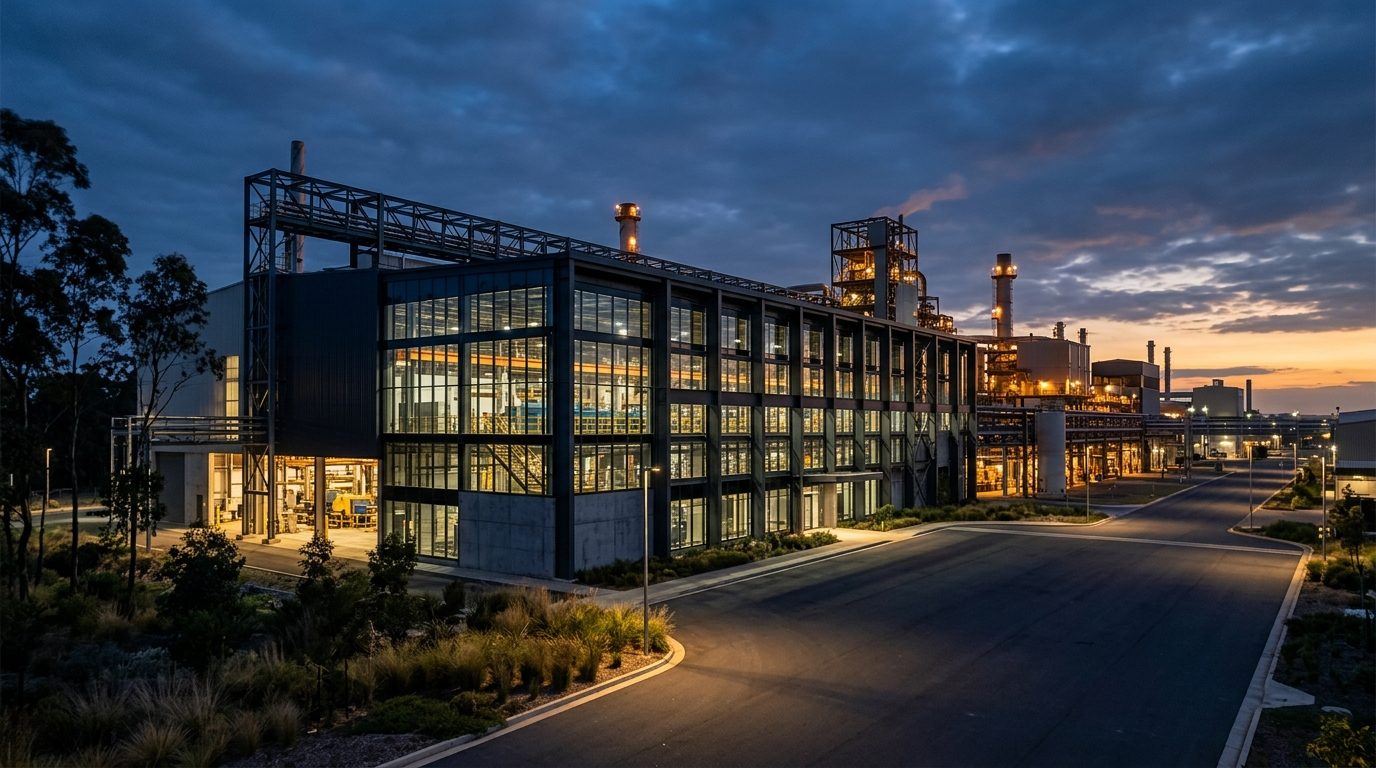Grande planta industrial ao entardecer